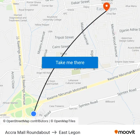 Accra Mall Roundabout to East Legon map