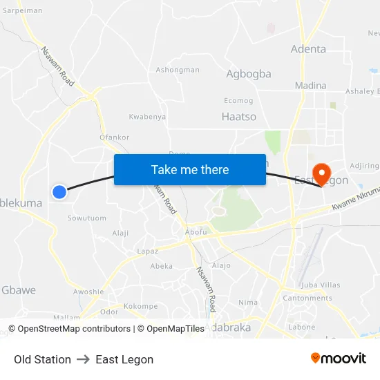 Old Station to East Legon map