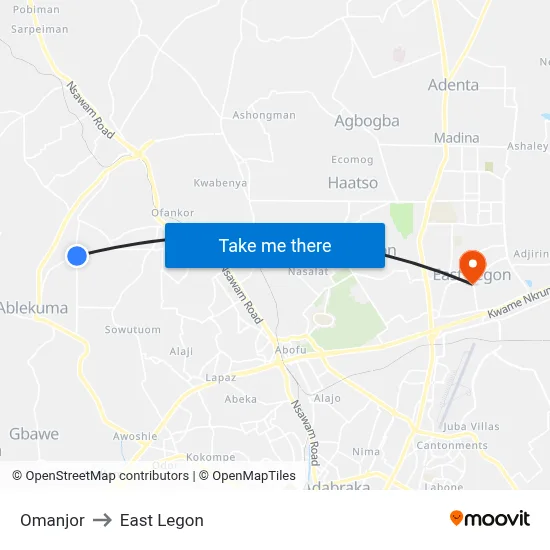 Omanjor to East Legon map