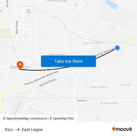 Kicc to East Legon map