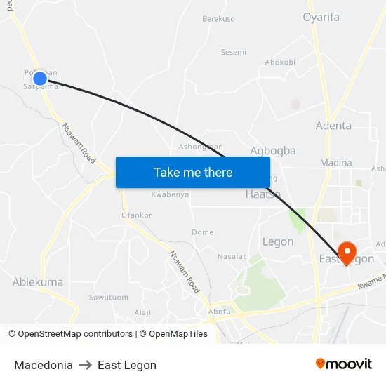 Macedonia to East Legon map