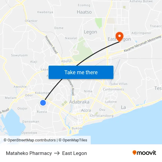 Mataheko Pharmacy to East Legon map