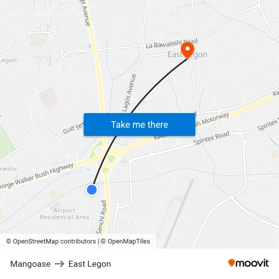 Mangoase to East Legon map