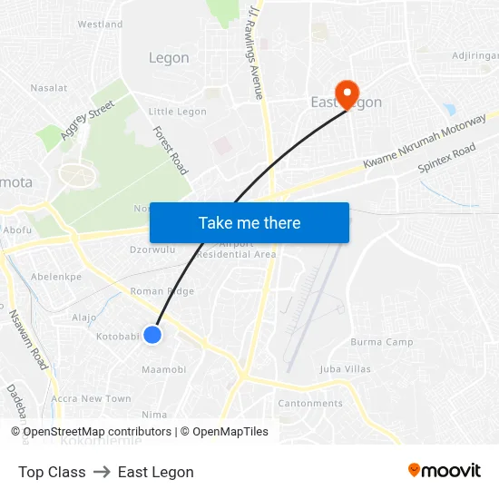 Top Class to East Legon map