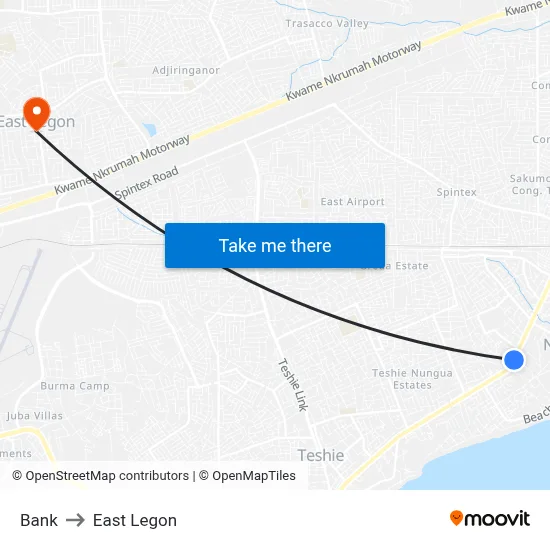 Bank to East Legon map
