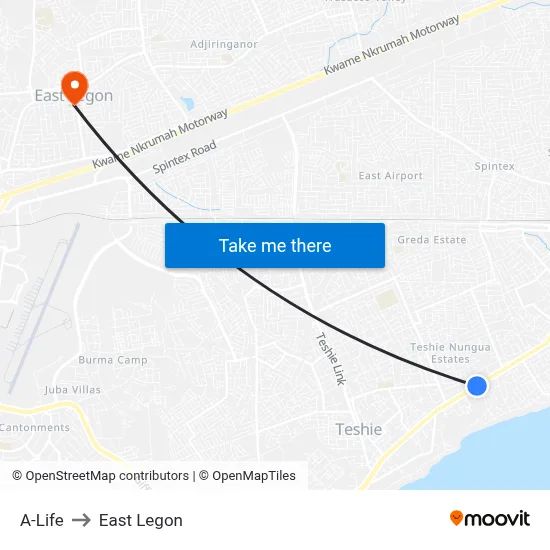 A-Life to East Legon map