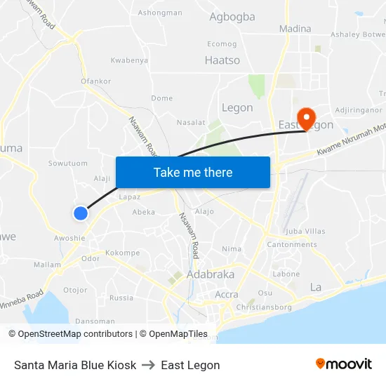 Santa Maria Blue Kiosk to East Legon map