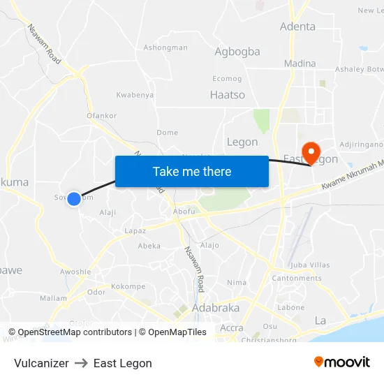 Vulcanizer to East Legon map
