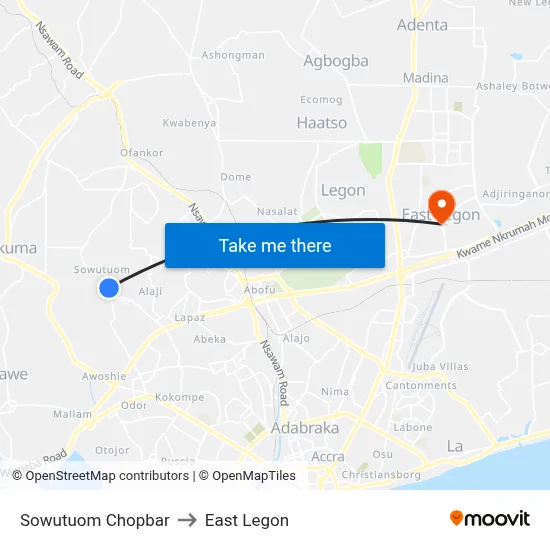 Sowutuom Chopbar to East Legon map