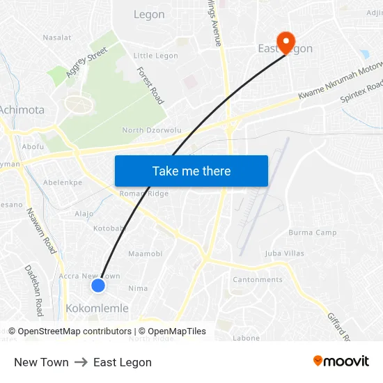 New Town to East Legon map