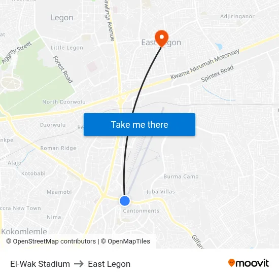 El-Wak Stadium to East Legon map