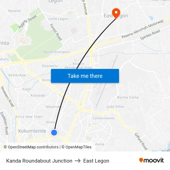 Kanda Roundabout Junction to East Legon map