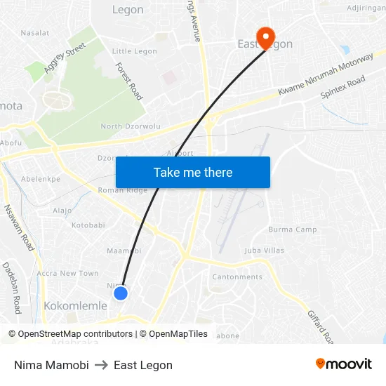 Nima Mamobi to East Legon map