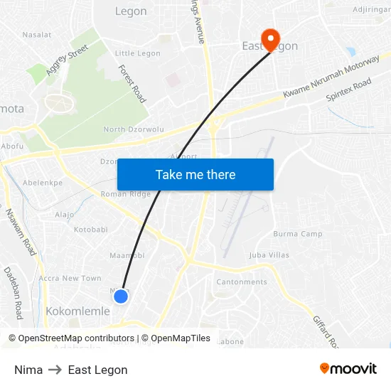 Nima to East Legon map
