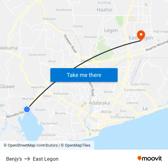 Benjy's to East Legon map