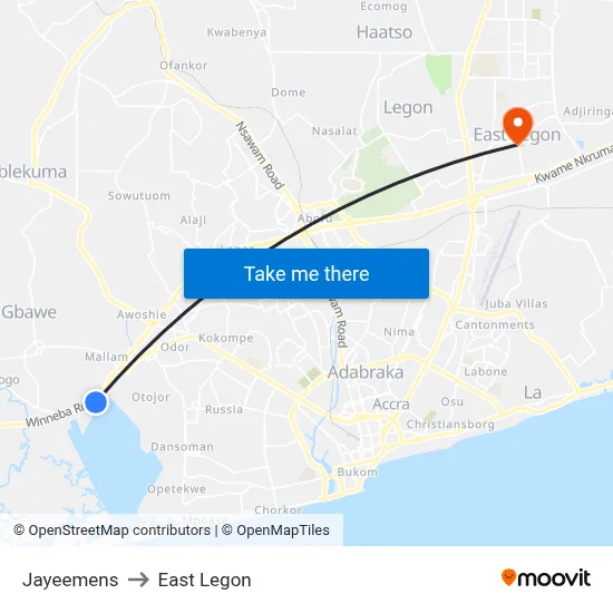 Jayeemens to East Legon map