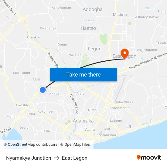 Nyamekye Junction to East Legon map