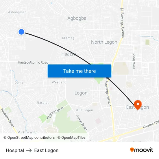 Hospital to East Legon map