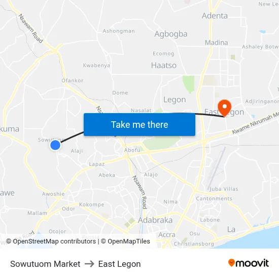 Sowutuom Market to East Legon map
