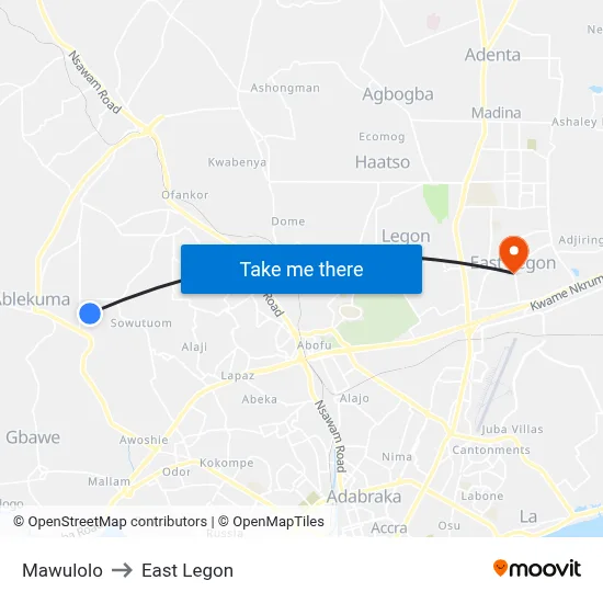 Mawulolo to East Legon map