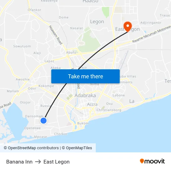 Banana Inn to East Legon map