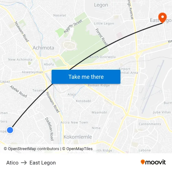Atico to East Legon map