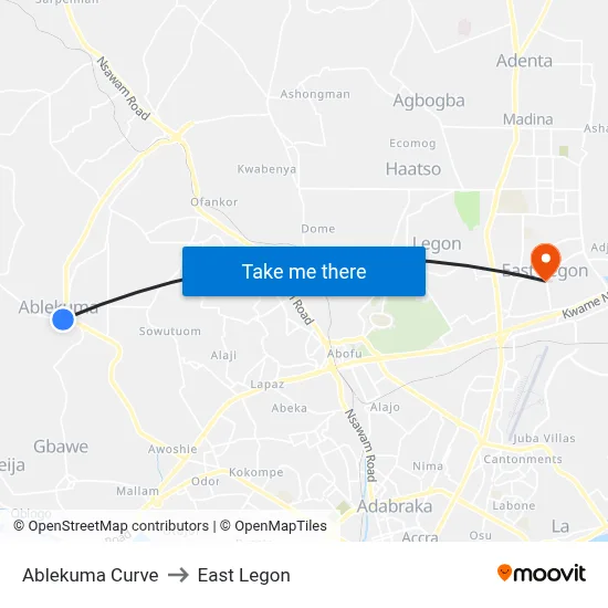 Ablekuma Curve to East Legon map