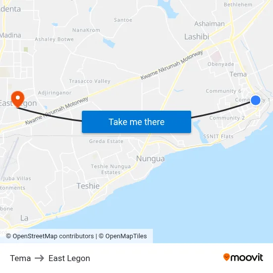 Tema to East Legon map