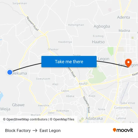 Block Factory to East Legon map