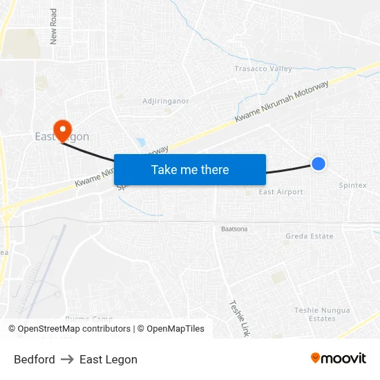 Bedford to East Legon map