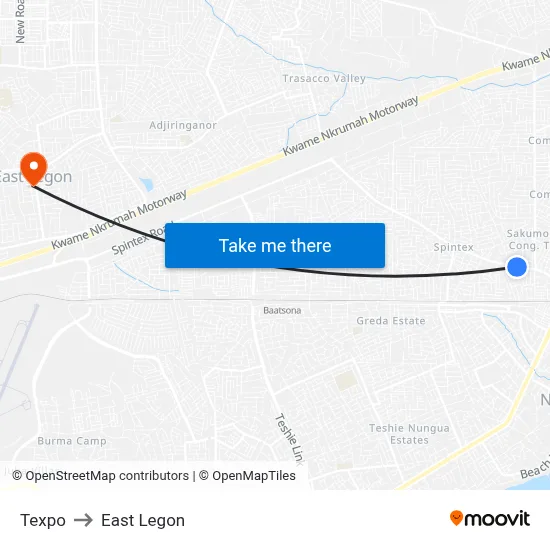 Texpo to East Legon map