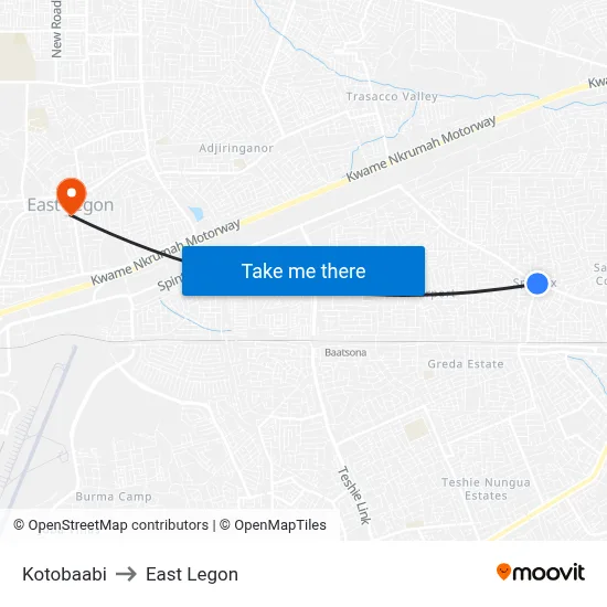 Kotobaabi to East Legon map