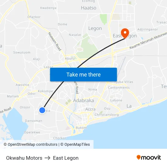 Okwahu Motors to East Legon map