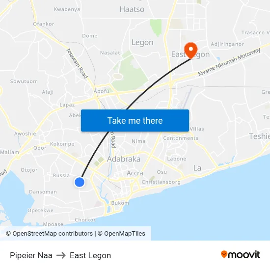 Pipeier Naa to East Legon map