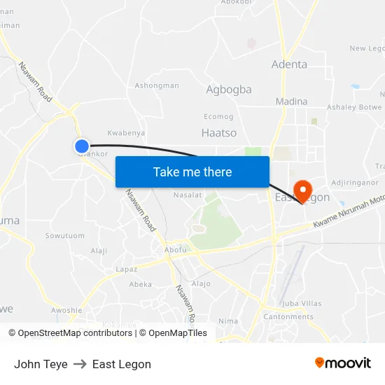 John Teye to East Legon map