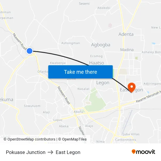 Pokuase Junction to East Legon map
