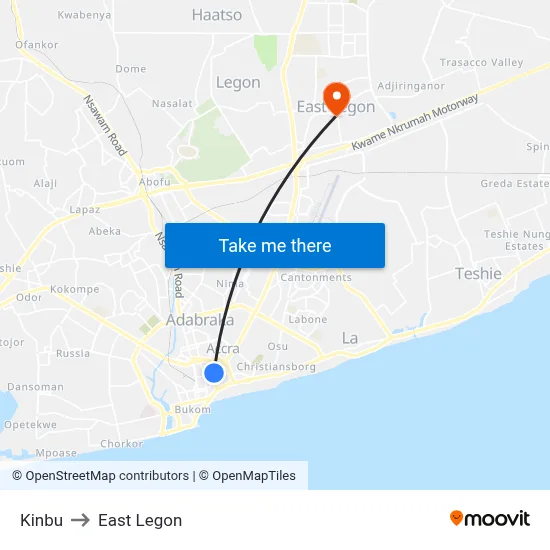 Kinbu to East Legon map