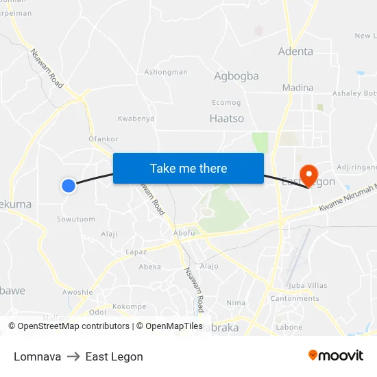Lomnava to East Legon map