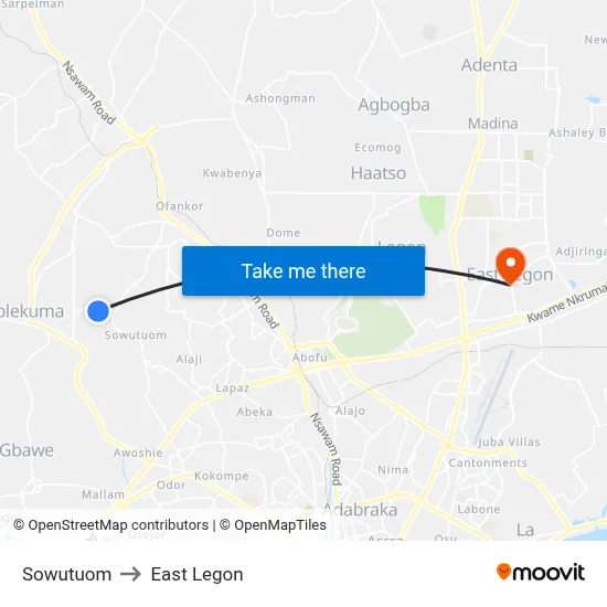 Sowutuom to East Legon map