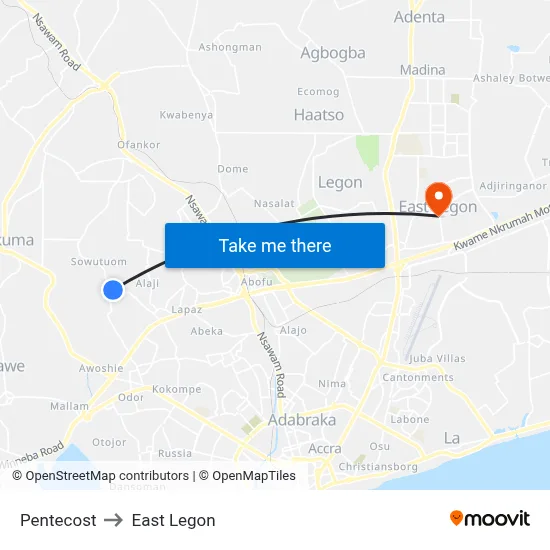 Pentecost to East Legon map