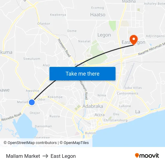 Mallam Market to East Legon map