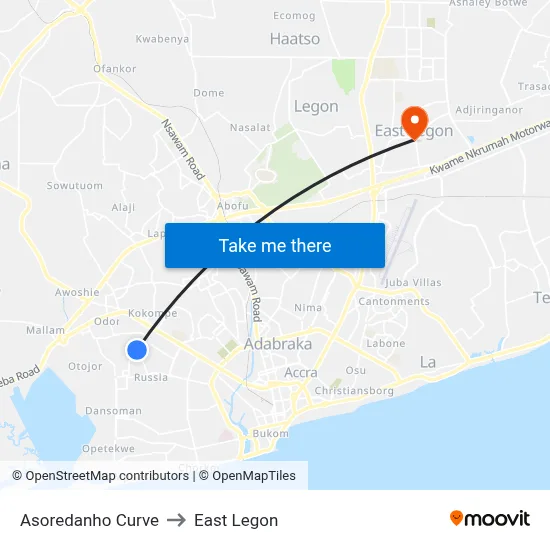 Asoredanho Curve to East Legon map