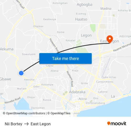 Nii Bortey to East Legon map