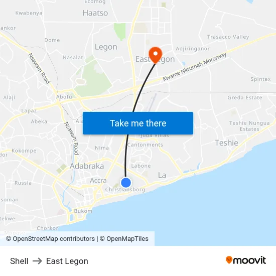 Shell to East Legon map