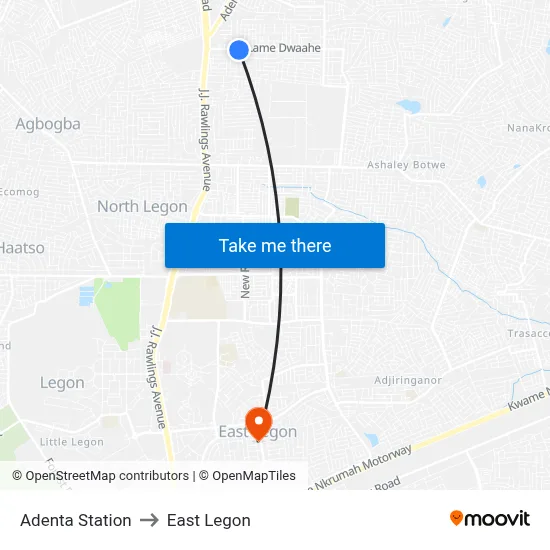 Adenta Station to East Legon map