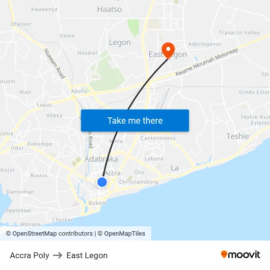 Accra Poly to East Legon map
