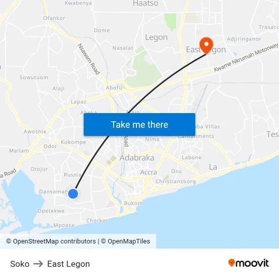 Soko to East Legon map