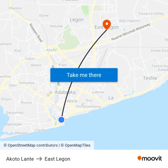 Akoto Lante to East Legon map