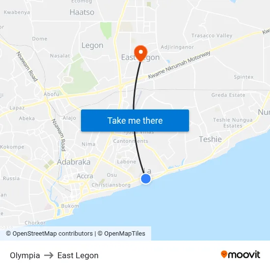 Olympia to East Legon map