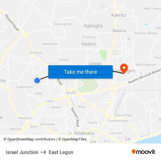 Israel Junction to East Legon map